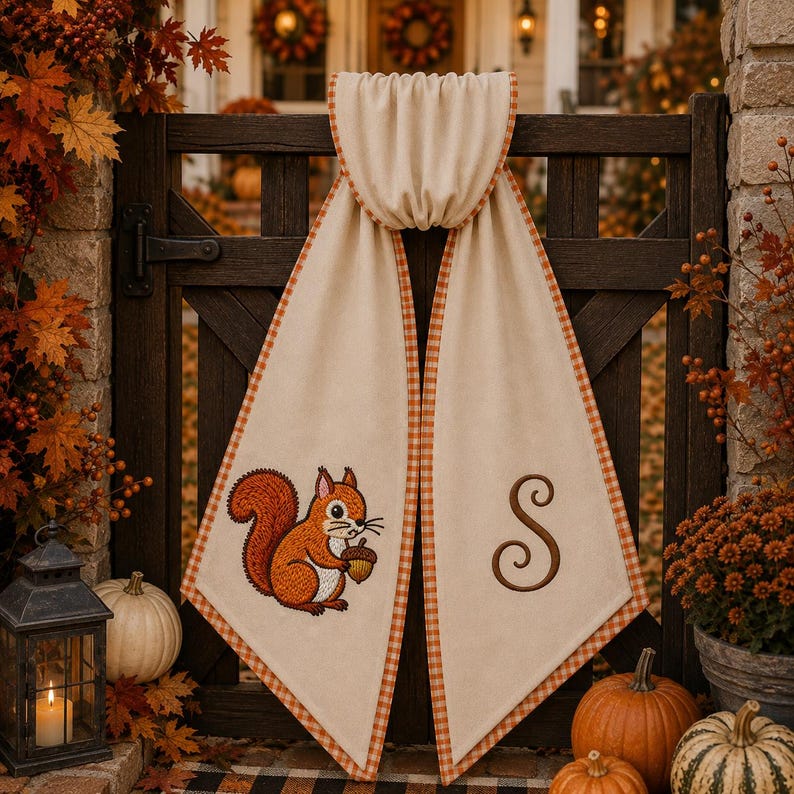 Embroidered Monogrammed Squirrel, Thanksgiving Fall Wreath Sash, Embroidered Gingham Thanksgiving Door Bow