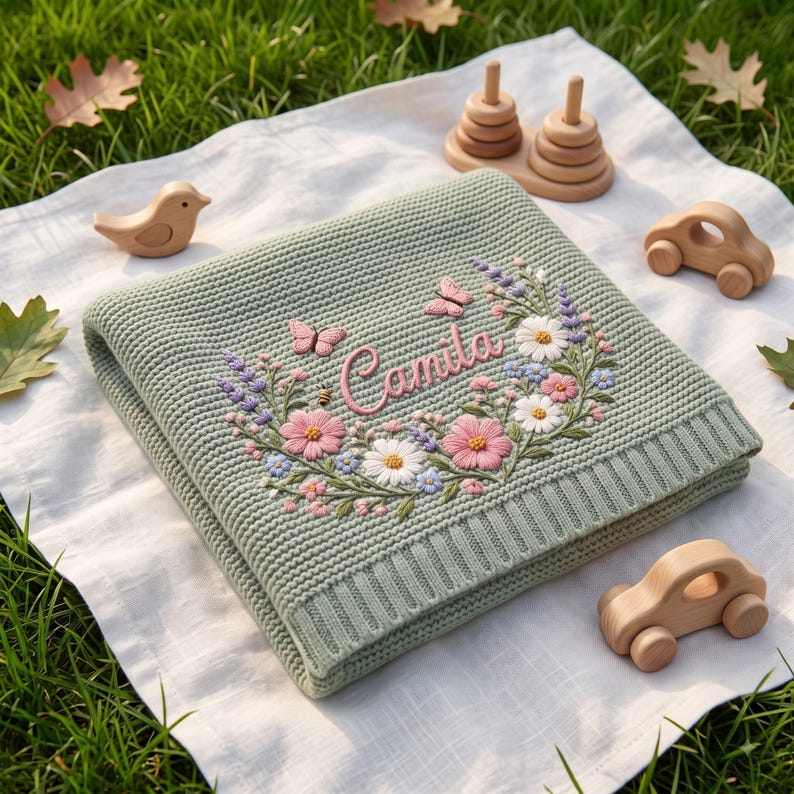 Personalized Knit Wildflower Baby Blanket Name, Custom Embroidered Butterfly Baby Shower Gift, Gift for Baby Girl