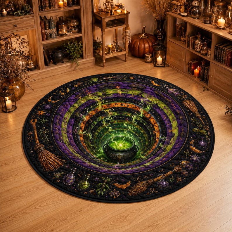 Quilted Witch Cauldron Round Rug, 3D Optical Illusion Floor Mat, Gothic Halloween Decor