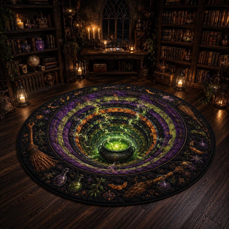 Quilted Witch Cauldron Round Rug, 3D Optical Illusion Floor Mat, Gothic Halloween Decor