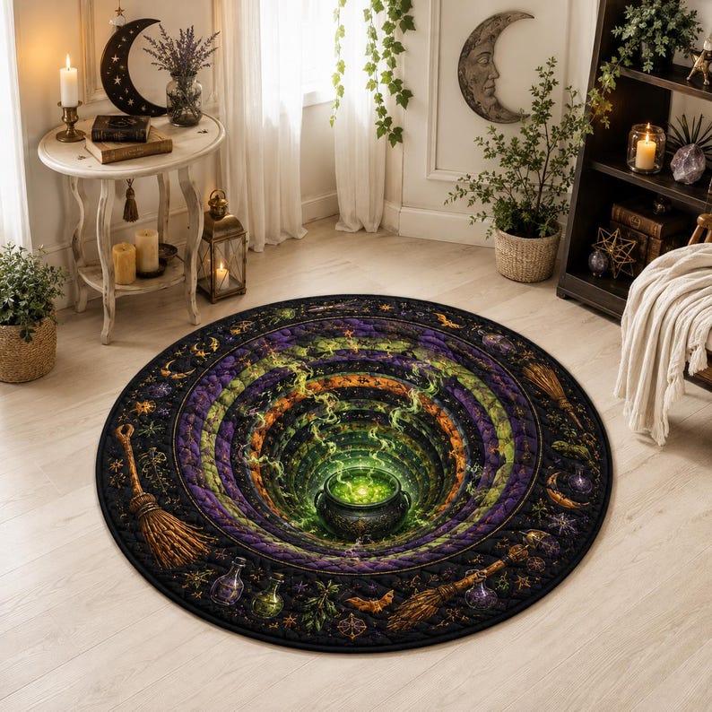 Quilted Witch Cauldron Round Rug, 3D Optical Illusion Floor Mat, Gothic Halloween Decor
