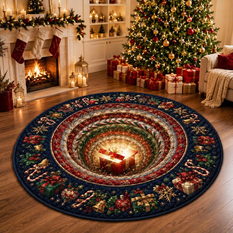 3D Christmas Round Rug, Quilted Festive Floor Mat, Holiday Living Room Carpet