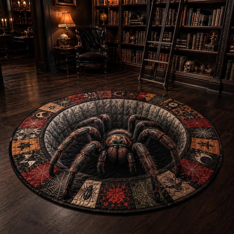 3D Spider Optical Illusion Round Quilted Rug, Gothic Halloween Carpet