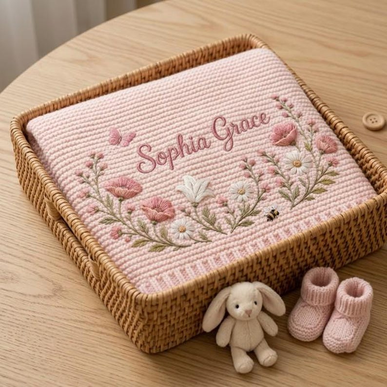 Personalized Wildflower Baby Blanket Name, Custom Embroidered Floral Butterfly Baby Shower Gift