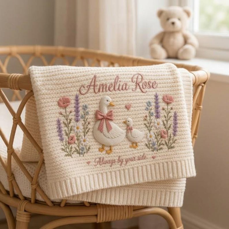 Personalized Knit Vintage Goose Baby Blanket Name, Custom Embroidered Floral Baby Shower Gift, Welcome Baby Blanket