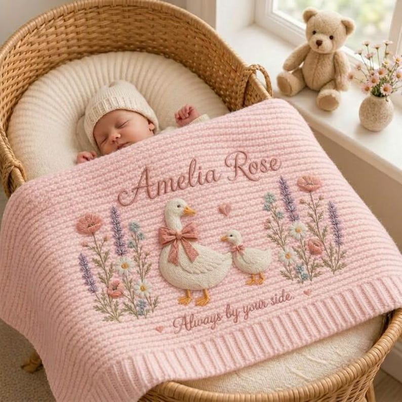 Personalized Knit Vintage Goose Baby Blanket Name, Custom Embroidered Floral Baby Shower Gift, Welcome Baby Blanket