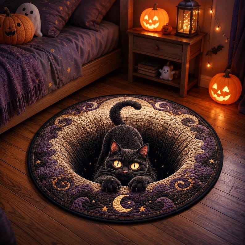 3D Black Cat Round Rug, Halloween Optical Illusion Rug, Witchy Cat Carpet, Spooky Vortex Floor Mat, Gothic Fall Home Decor