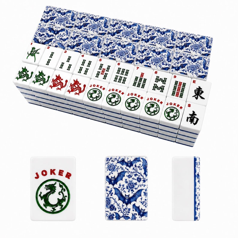 Bat Chinoiserie Mahjong Tiles Set, Unique Chinese Game, Blue White Porcelain Style, Asian Game Night Gift (166 Pieces)
