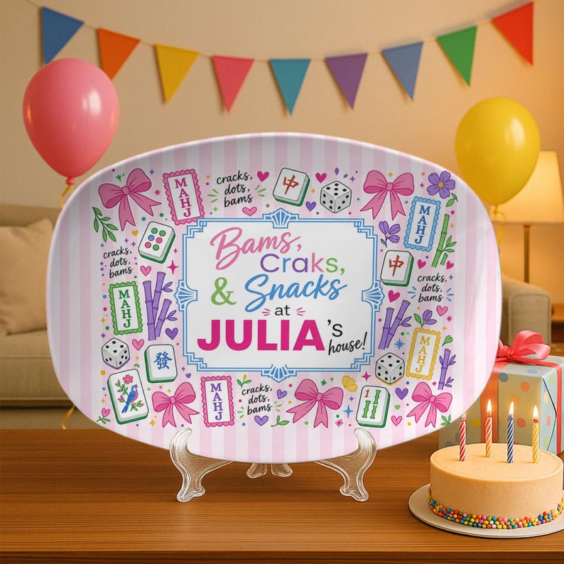 Personalized Mahjong Platter, Pink Bow Game Night Snack Tray, Custom Mahj Gift