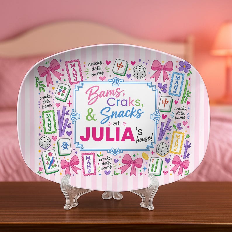 Personalized Mahjong Platter, Pink Bow Game Night Snack Tray, Custom Mahj Gift
