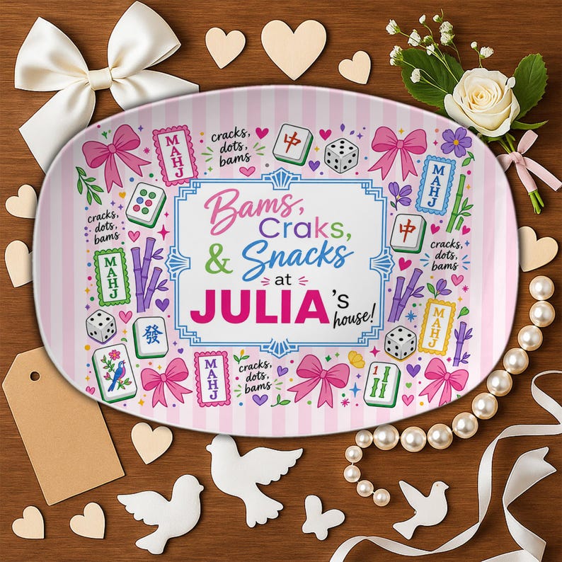 Personalized Mahjong Platter, Pink Bow Game Night Snack Tray, Custom Mahj Gift