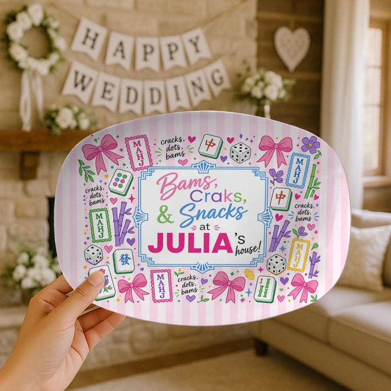 Personalized Mahjong Platter, Pink Bow Game Night Snack Tray, Custom Mahj Gift