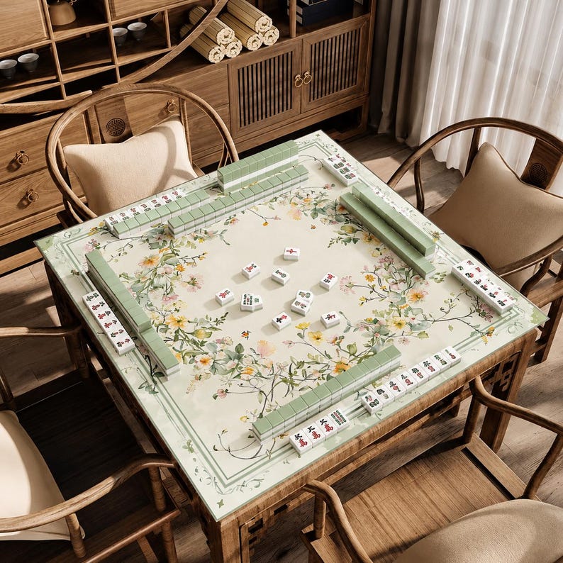 Floral Mahjong Mat, Green Botanical Game Table Mat for Mahjong Players
