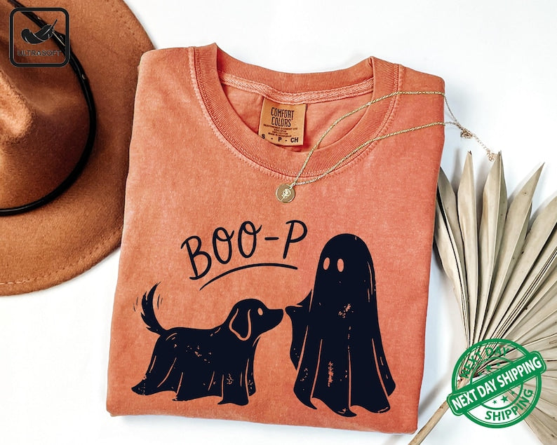 Boo-p Ghost Dog Comfort Colors T-Shirt, Funny Halloween Dog Mom Shirt