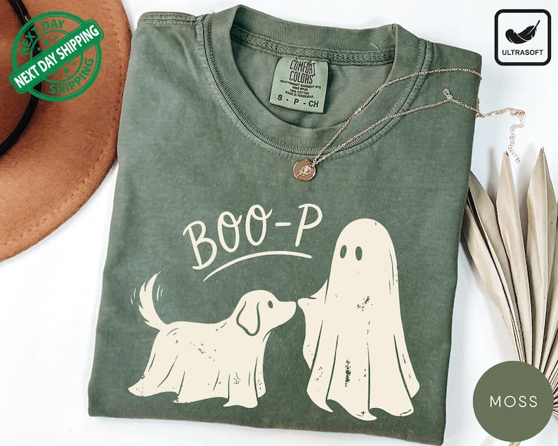 Boo-p Ghost Dog Comfort Colors T-Shirt, Funny Halloween Dog Mom Shirt