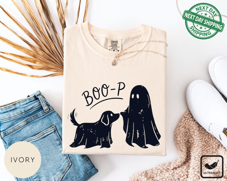 Boo-p Ghost Dog Comfort Colors T-Shirt, Funny Halloween Dog Mom Shirt