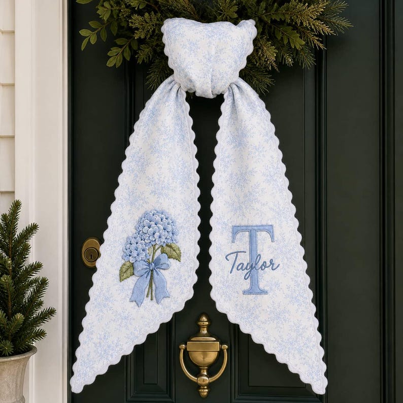 Personalized Embroidered Hydrangea Wreath Sash Blue Floral Scalloped Door Bow