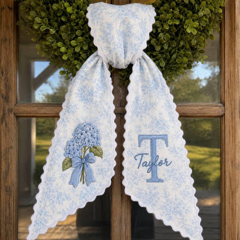 Personalized Embroidered Hydrangea Wreath Sash Blue Floral Scalloped Door Bow