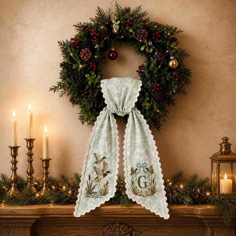 Personalized Embroidered Mallard Duck Wreath Sash Green Floral Scalloped Door Bow