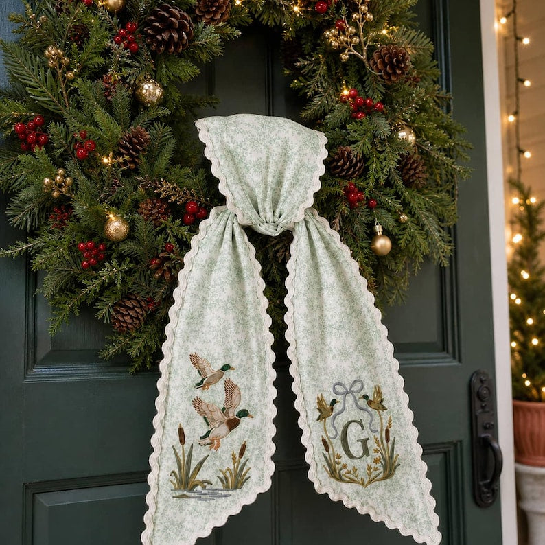 Personalized Embroidered Mallard Duck Wreath Sash Green Floral Scalloped Door Bow