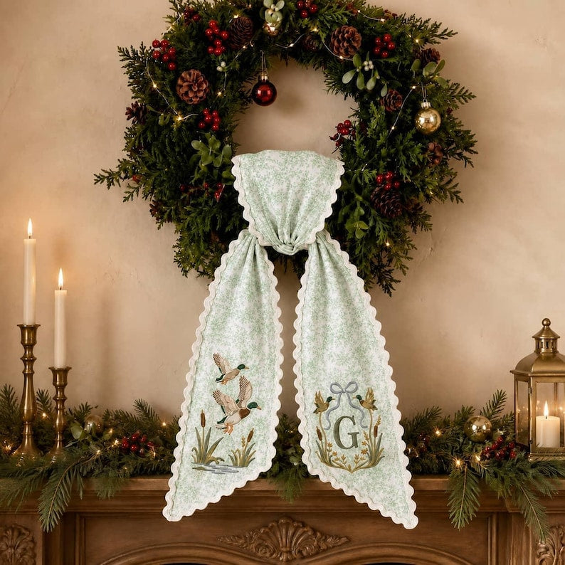 Personalized Embroidered Mallard Duck Wreath Sash Green Floral Scalloped Door Bow