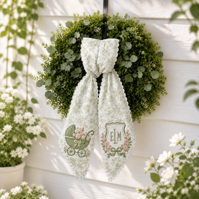 Personalized Embroidered Baby Stroller Wreath Sash Green Floral Scalloped Door Bow