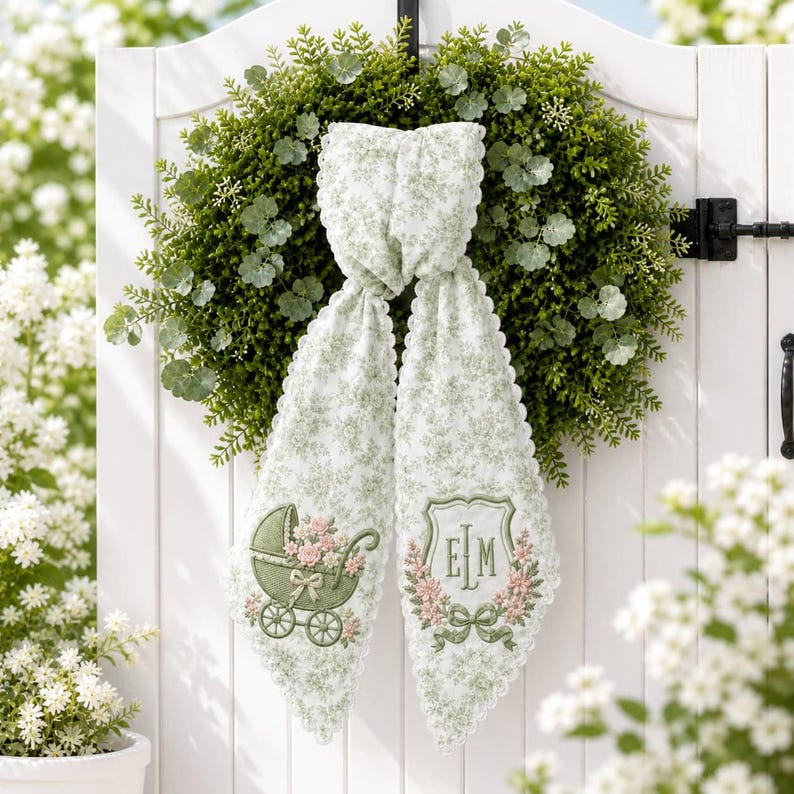 Personalized Embroidered Baby Stroller Wreath Sash Green Floral Scalloped Door Bow