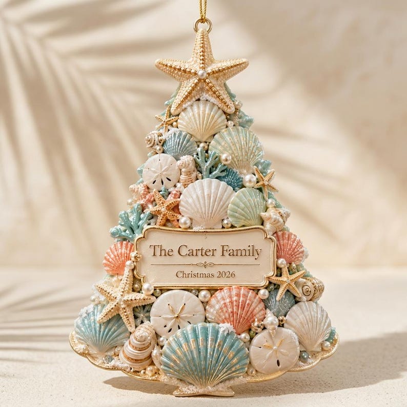 Personalized Seashell Christmas Tree Ornament, Custom Family Name Coastal Keepsake, Beach Christmas Gift