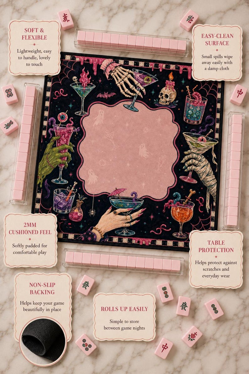 Halloween Mahjong Mat, Spooky Cocktail Mahjong Mat, Pink Black Gothic Game Mat, Witchy American Mahjong Mat