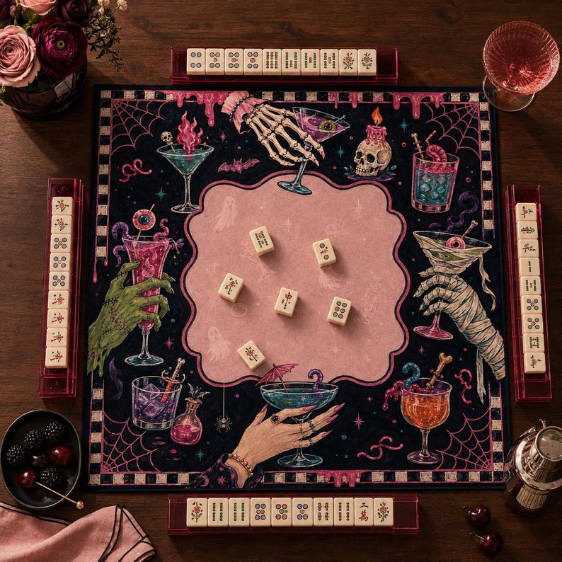 Halloween Mahjong Mat, Spooky Cocktail Mahjong Mat, Pink Black Gothic Game Mat, Witchy American Mahjong Mat