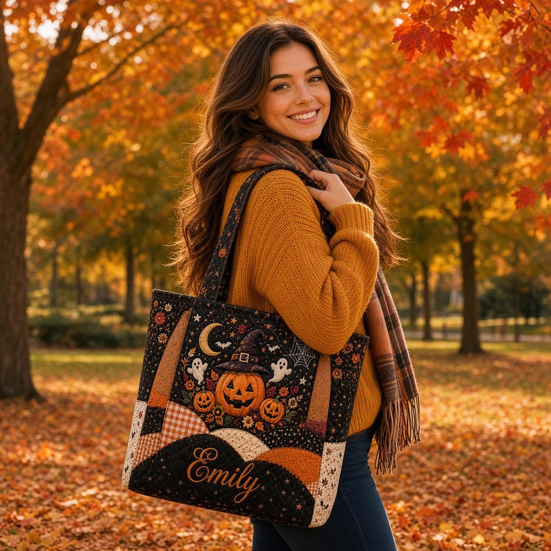 Personalized Halloween Quilted Handbag, Pumpkin Ghost Tote Bag, Spooky Witch Bag, Fall Floral Tote for Women