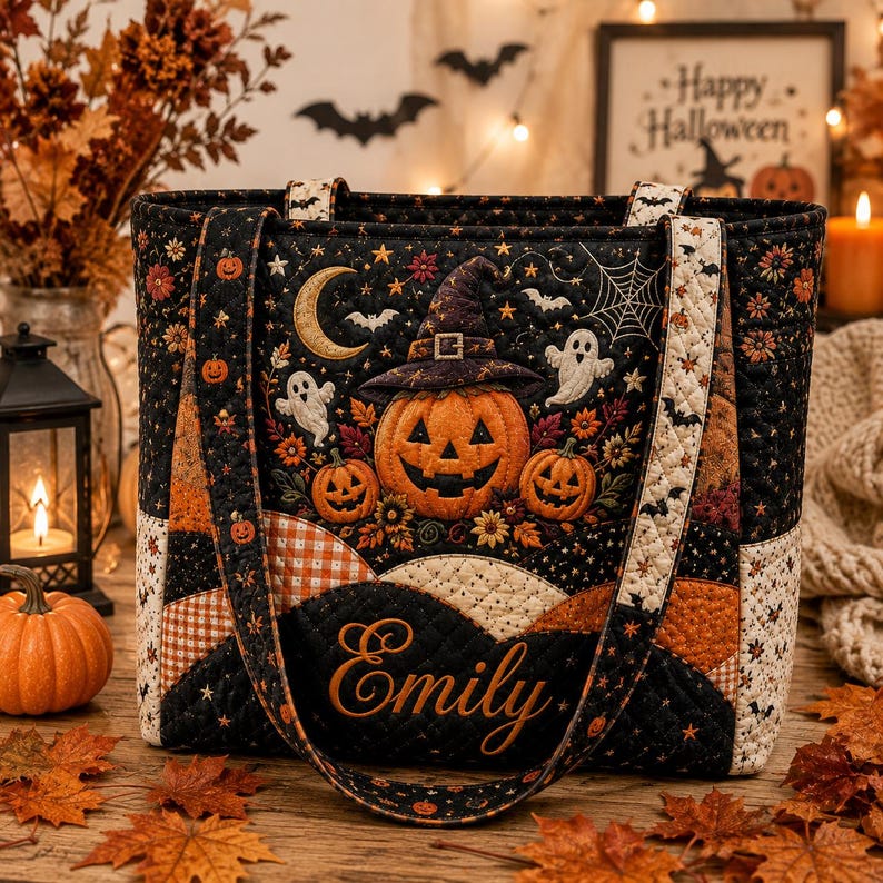 Personalized Halloween Quilted Handbag, Pumpkin Ghost Tote Bag, Spooky Witch Bag, Fall Floral Tote for Women