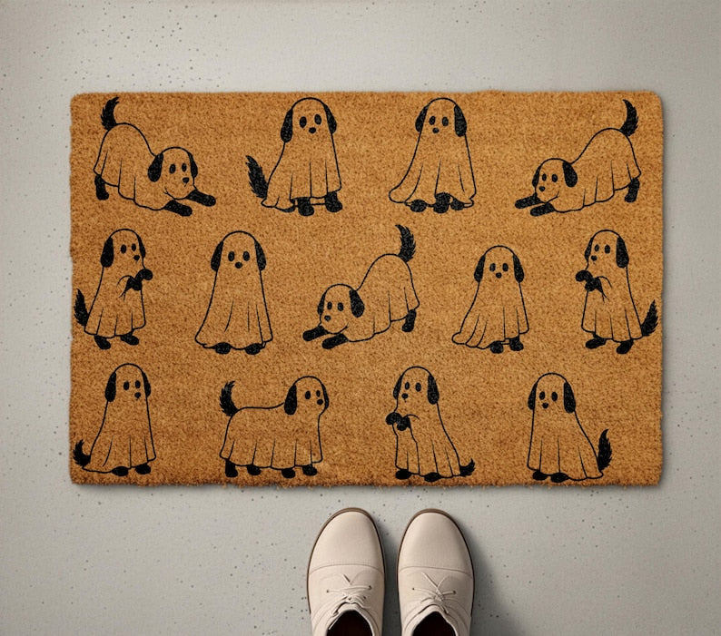 Ghost Dog Halloween Coir Doormat, Cute Spooky Welcome Mat, Coir Front Porch Decor, Dog Lover Gift, Trick or Treat Fall Mat