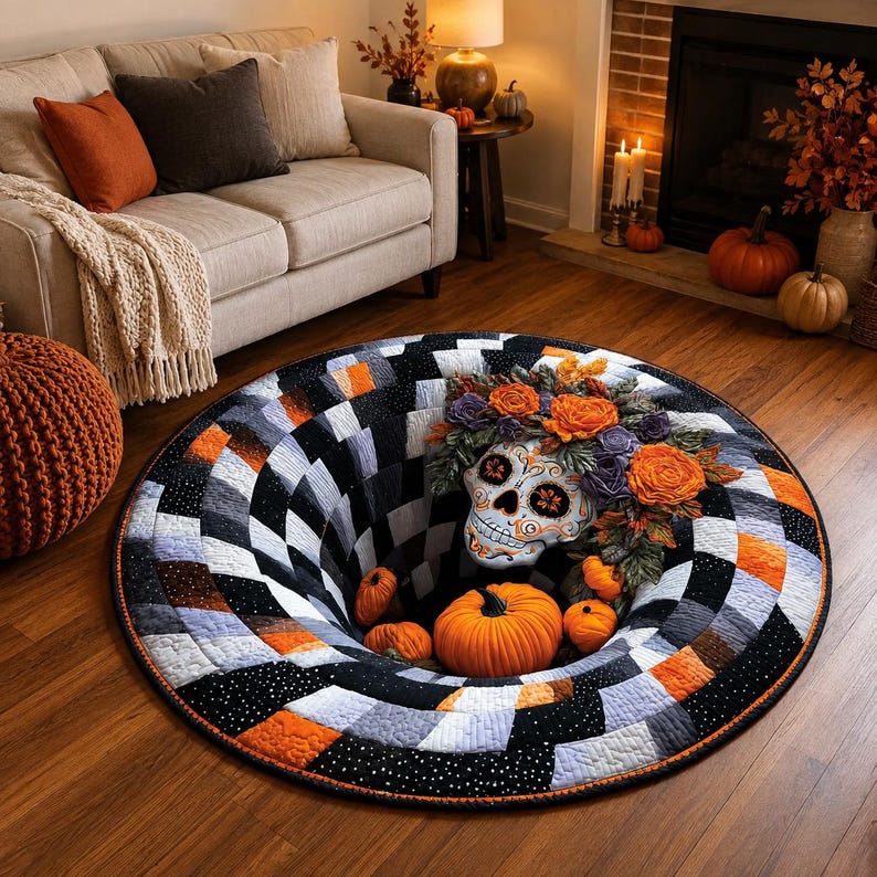 Sugar Skull 3D Illusion Rug, Halloween Floral Skull Round Rug, Pumpkin Checkerboard Area Rug, Spooky Gothic Home Decor