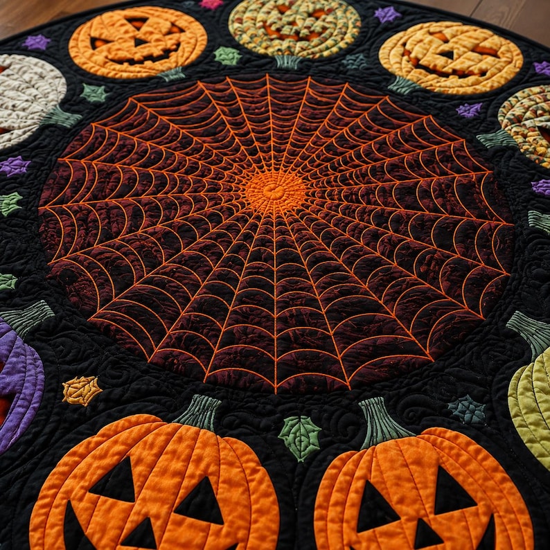 Halloween Pumpkin Round Rug, Jack O Lantern Spider Web Area Rug, Spooky Fall Floor Mat, Gothic Halloween Decor