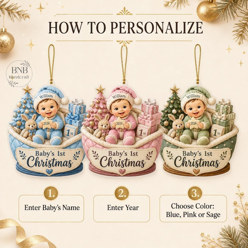 Personalized Baby’s First Christmas Ornament 2026, Custom Baby Name Keepsake, Newborn Gift, Faux 3D Flat Christmas Decor