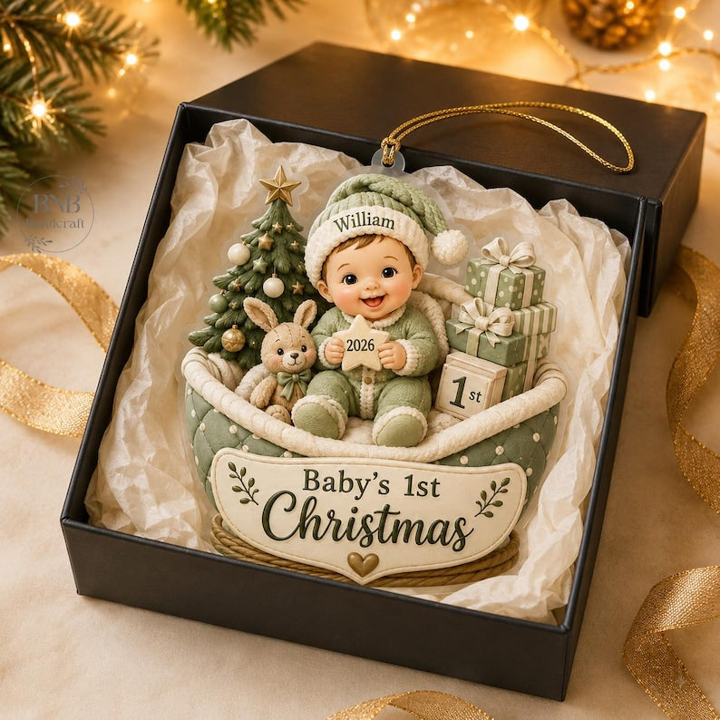 Personalized Baby’s First Christmas Ornament 2026, Custom Baby Name Keepsake, Newborn Gift, Faux 3D Flat Christmas Decor
