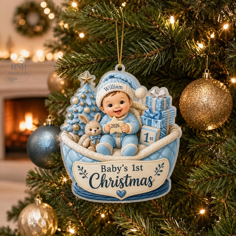 Personalized Baby’s First Christmas Ornament 2026, Custom Baby Name Keepsake, Newborn Gift, Faux 3D Flat Christmas Decor