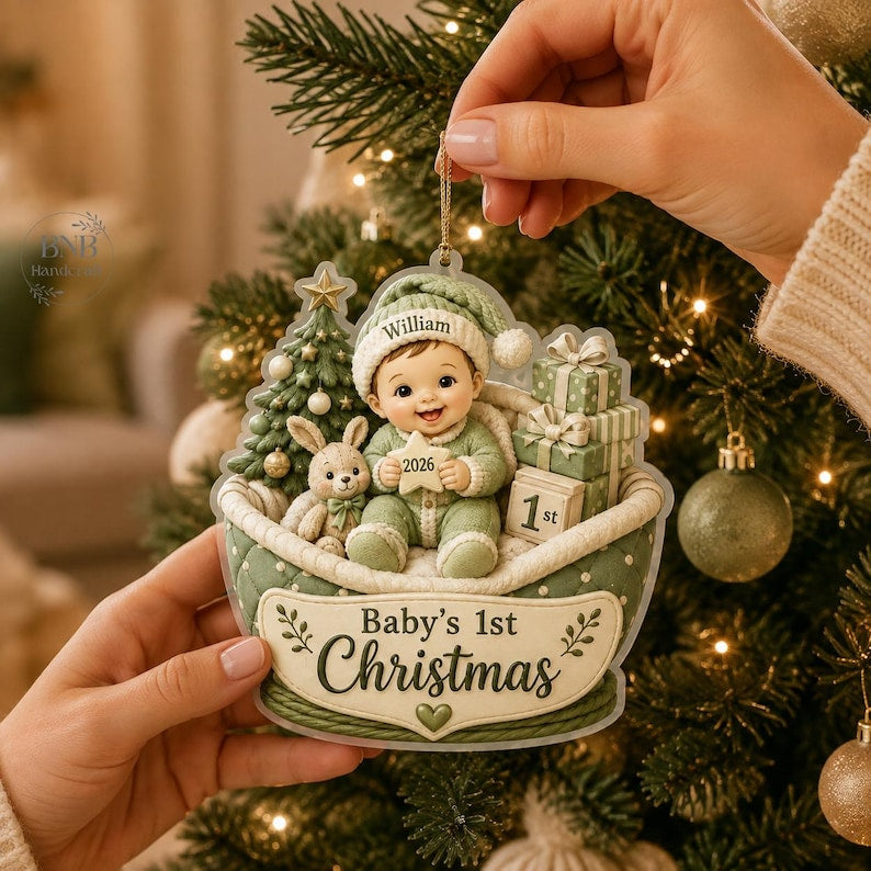 Personalized Baby’s First Christmas Ornament 2026, Custom Baby Name Keepsake, Newborn Gift, Faux 3D Flat Christmas Decor