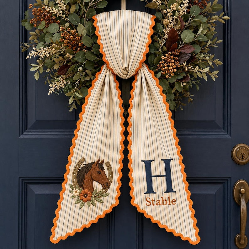 Personalized Horse Western Wreath Sash, Embroidered Equestrian Wreath Sash, Custom Monogram Stable
