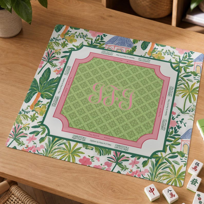 Personalized Preppy Pink & Green Floral Tropical Palm Tree Mahjong Mat, Game Night Mahjong Club Gift