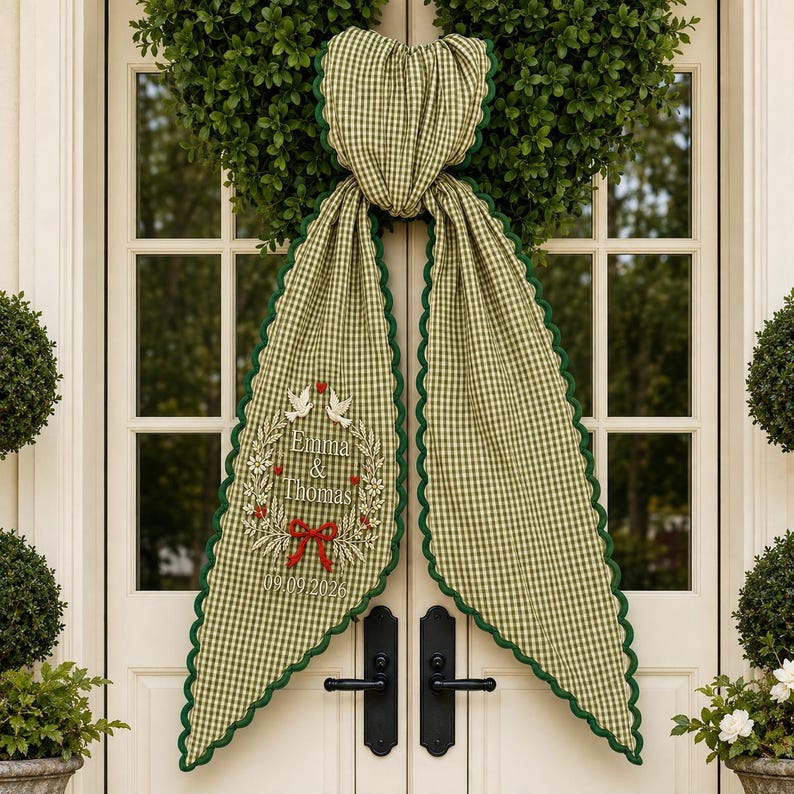 Personalized Wedding Door Wreath Sash, Personalize Monogram Bow Christmas Decor, Blue Stripe Floral Bow Door Decor
