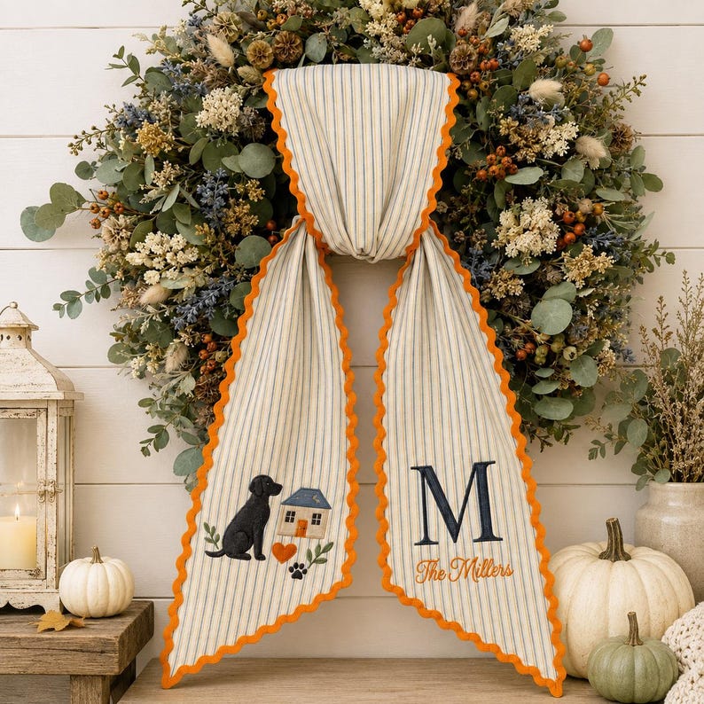 Personalized Fall Family Sash, Dog & Home Embroidered Monogram Sash, Dog Embroidered Sash Wreath
