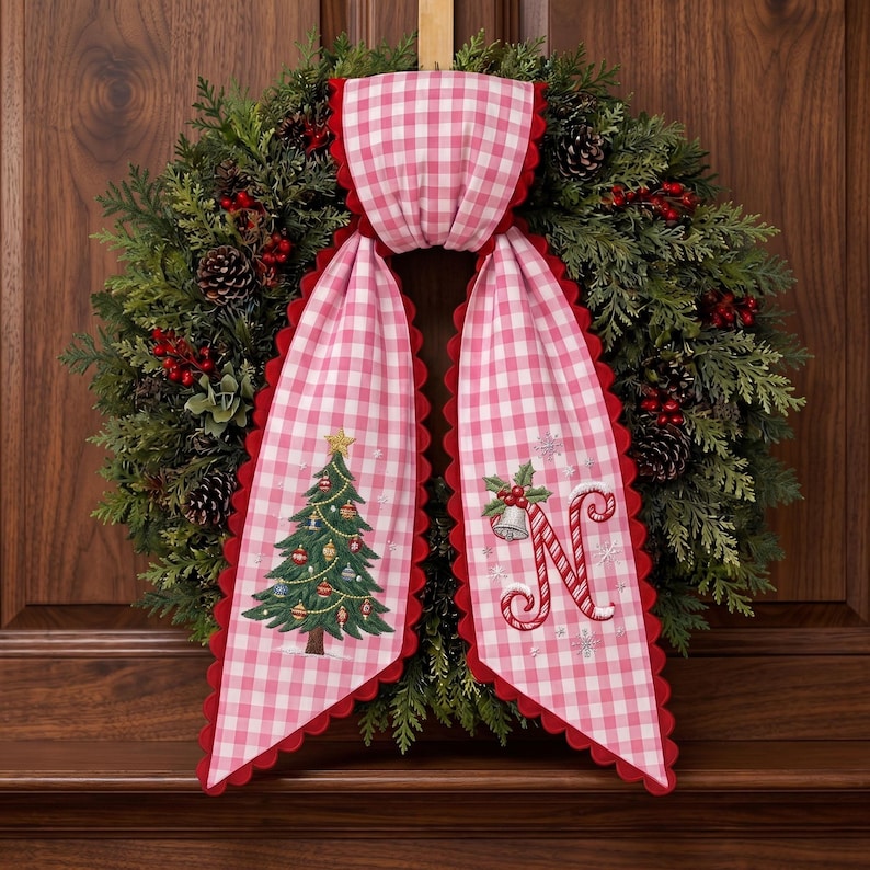 Custom Embroidery Christmas Tree Name Wreath Sash, Personalized Santa Monogram Bow Christmas Decor