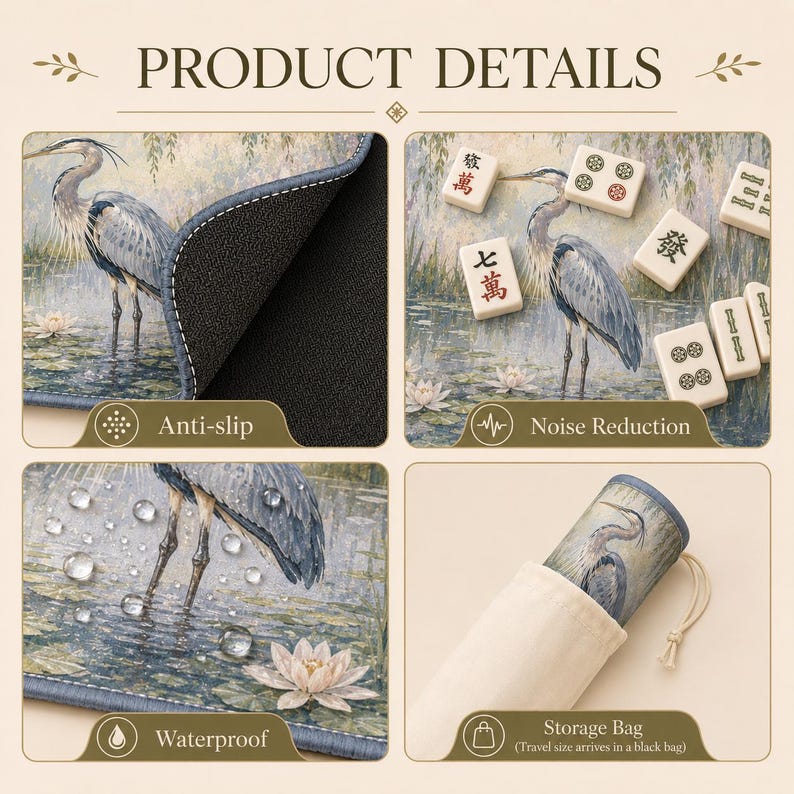 Heron Mahjong Mat, Elegant Game Table Protector, Blue Heron Pond Art, Water Lily Aesthetic Mahjong Game Pad