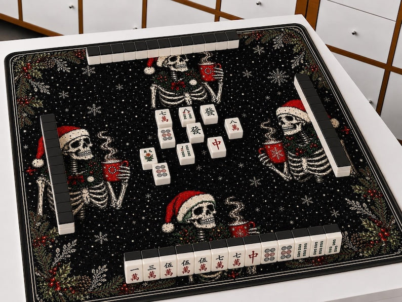Christmas Skeleton Mahjong Mat, Goth Holiday Table Cover, Dark Academia Game Room Decor, Spooky Xmas Gift