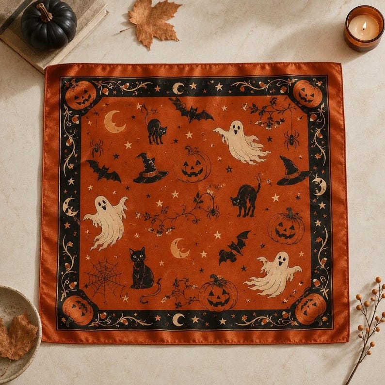 Vintage Halloween Scarf, Orange Satin Bandana with Ghosts and Pumpkins, Black Cat Neck Scarf