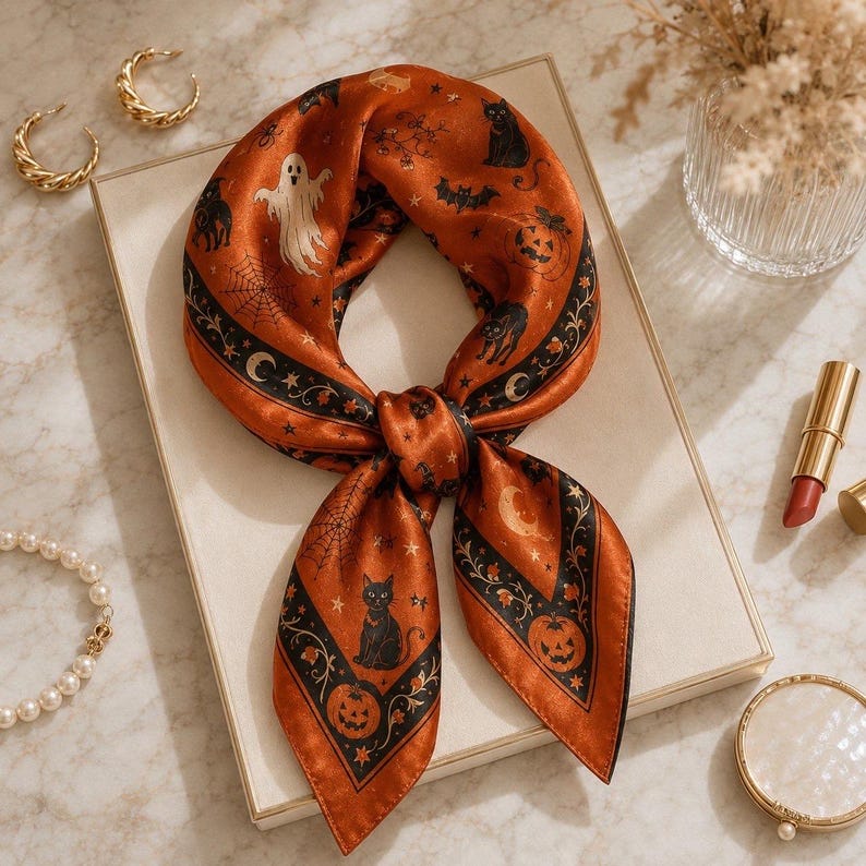 Vintage Halloween Scarf, Orange Satin Bandana with Ghosts and Pumpkins, Black Cat Neck Scarf