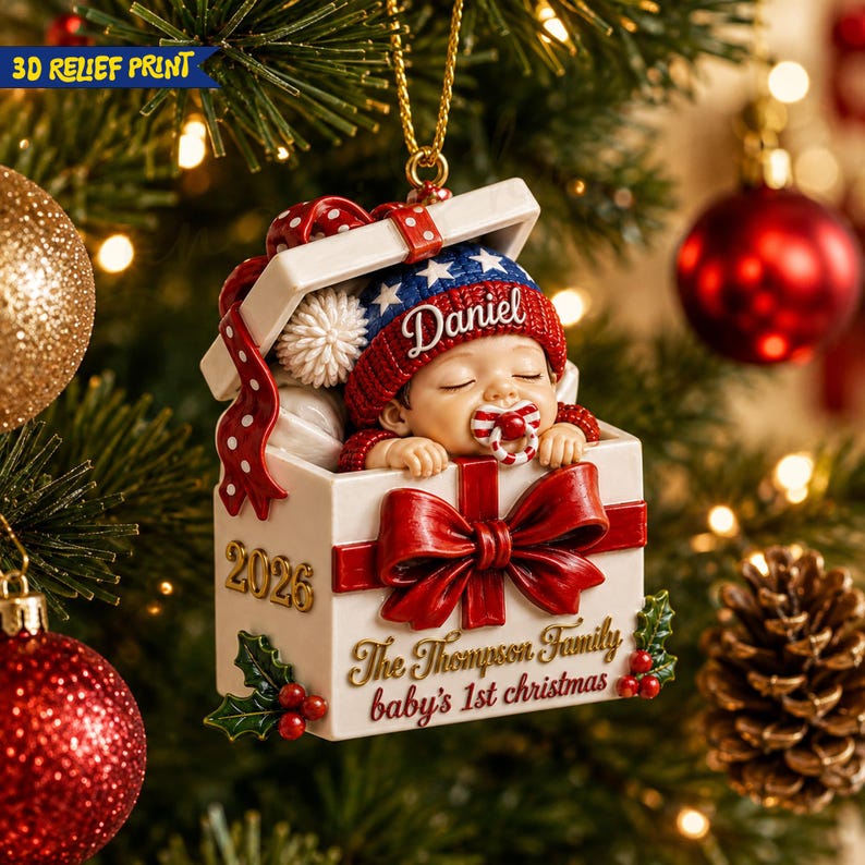Personalized 3D Relief Baby's 1st Christmas Sleigh Ornament, Newborn Keepsake, Baby Boy Ornament, Baby First Christmas Gift