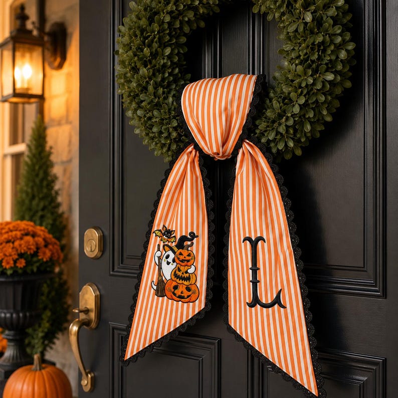 Personalized Halloween Wreath Sash, Embroidered Pumpkin Monogram Bow, Orange Gingham Fall Door Deco